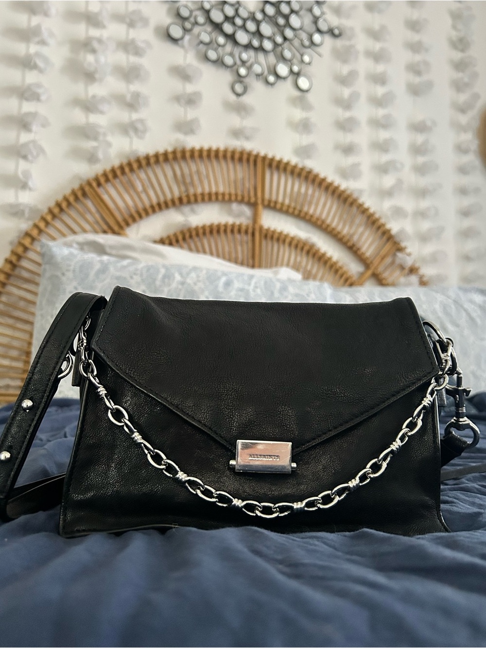 Classic Black Leather Crossbody with Silver Chain Accent